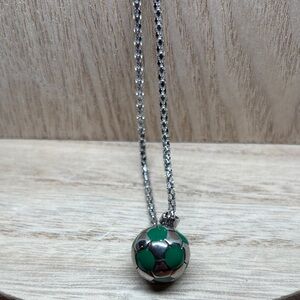 Silver Tone Necklace with Green Enamel Soccer Ball Pendant